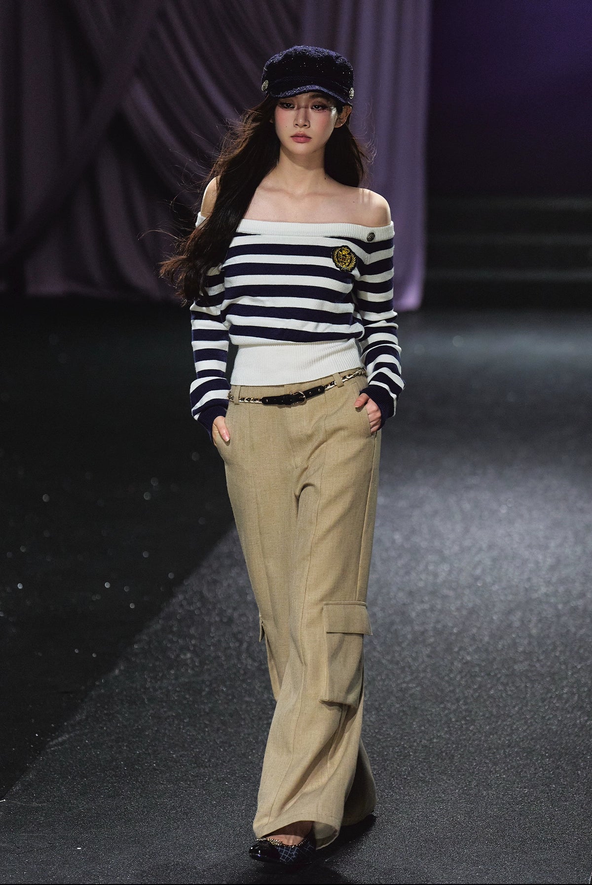 Nautical Stripe Off-Shoulder Knit Sweater - CHINASQUAD