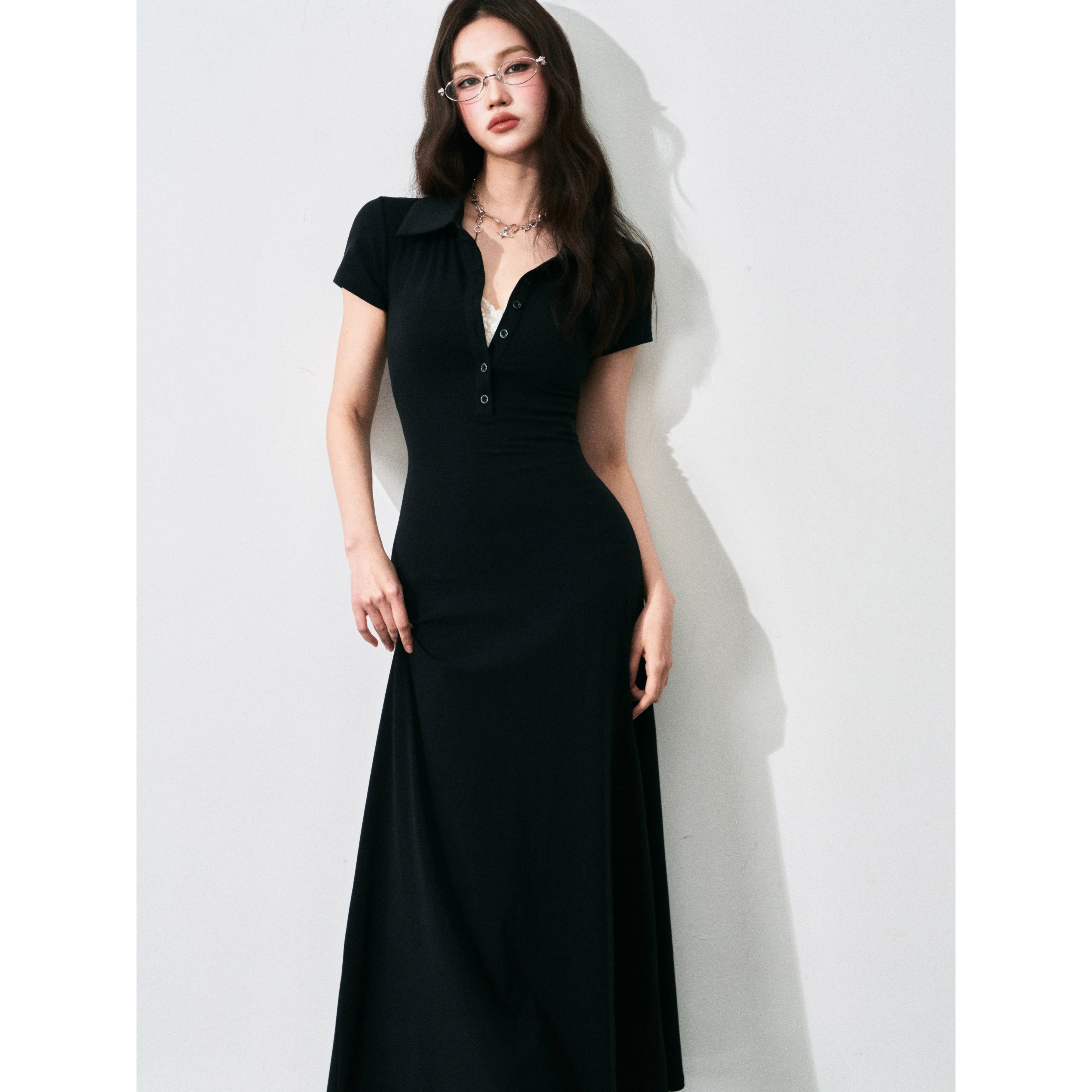 Half-Placket Polo Collar Knit Maxi Dress