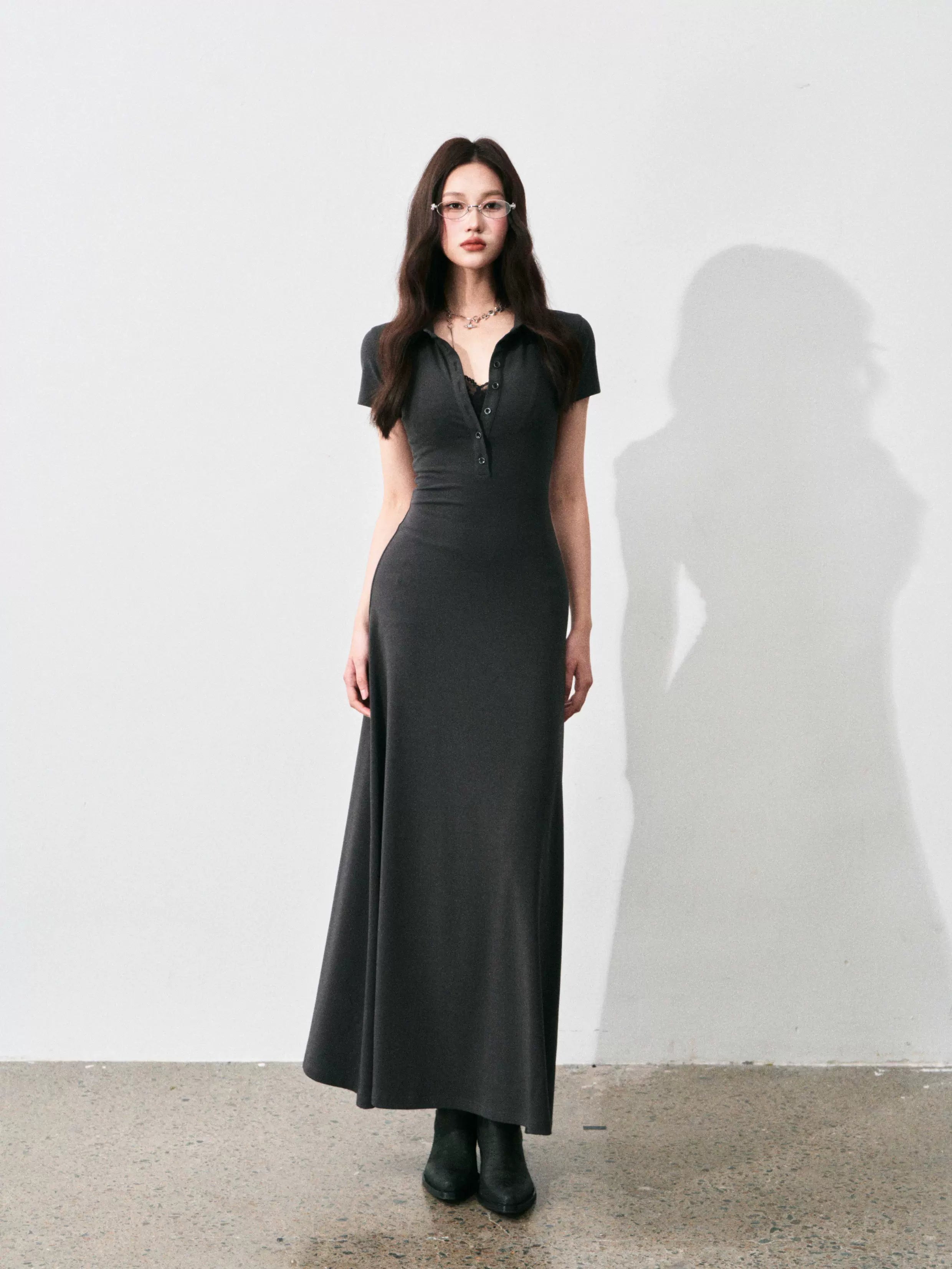 Half-Placket Polo Collar Knit Maxi Dress
