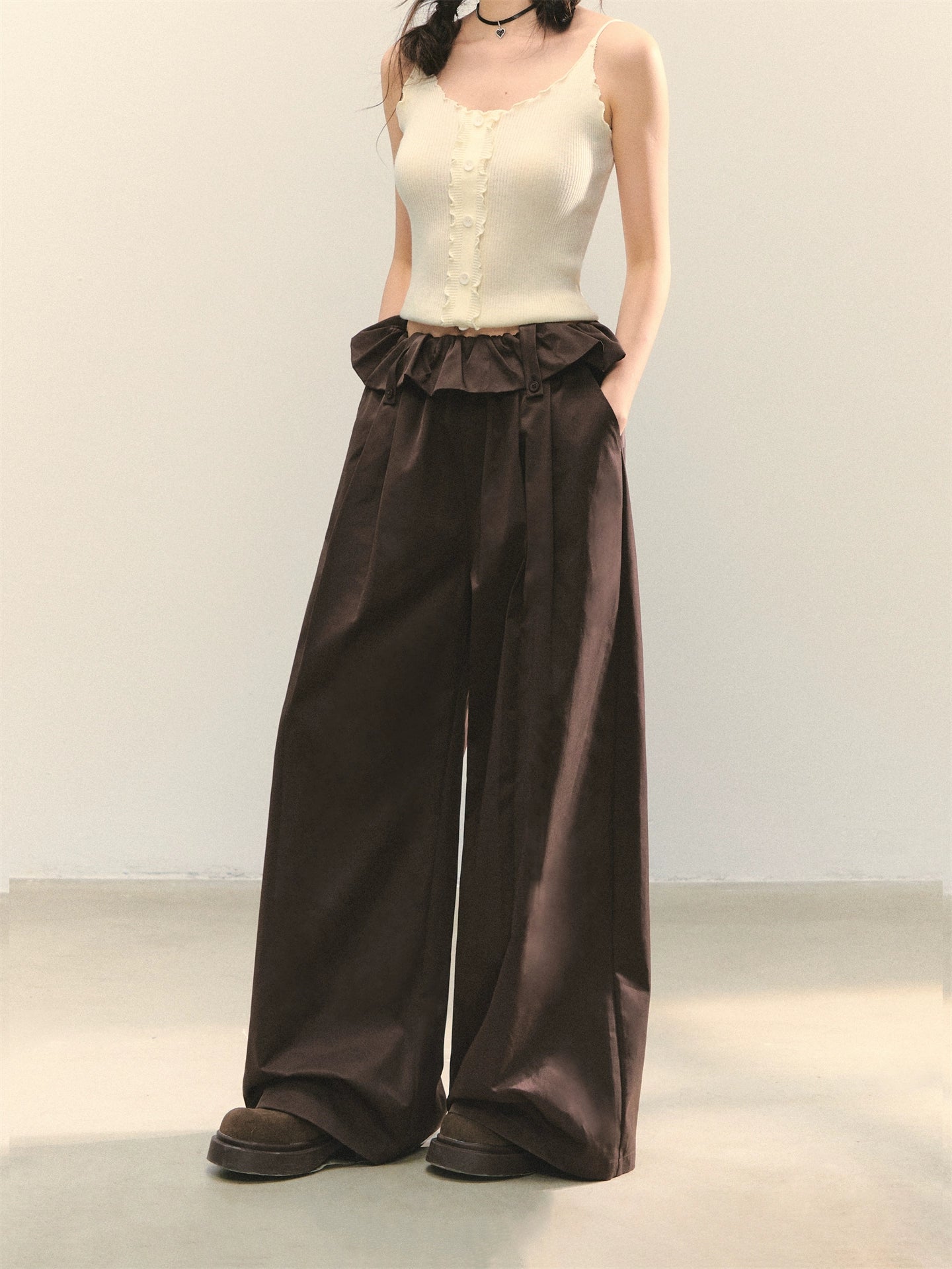 Turned-over Waist Straight-leg Casual Pants
