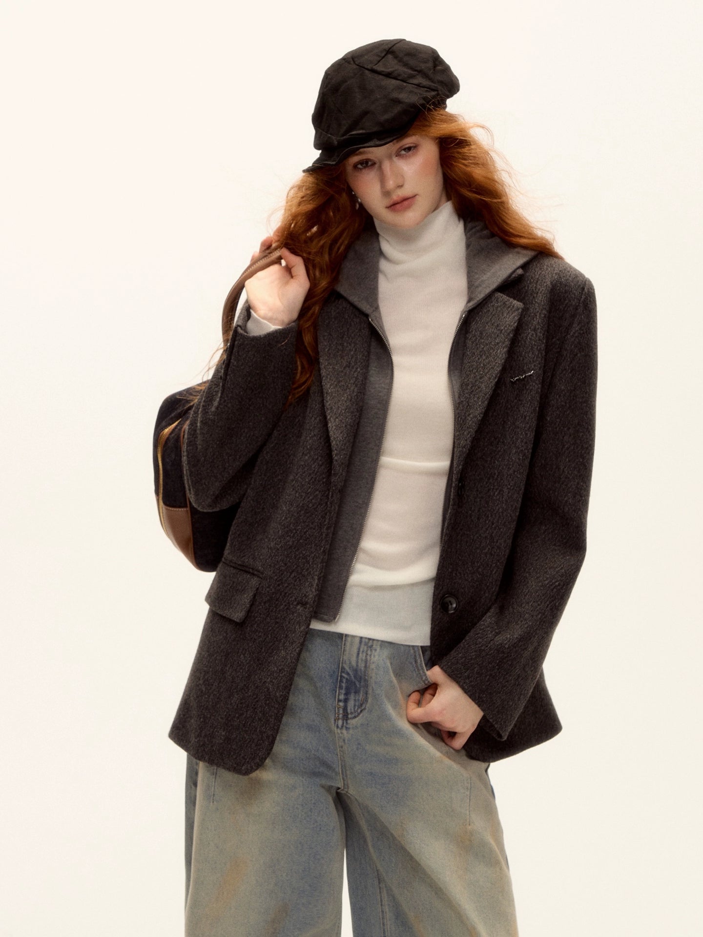 Grey Layered Wool-Blend Hoodie Blazer