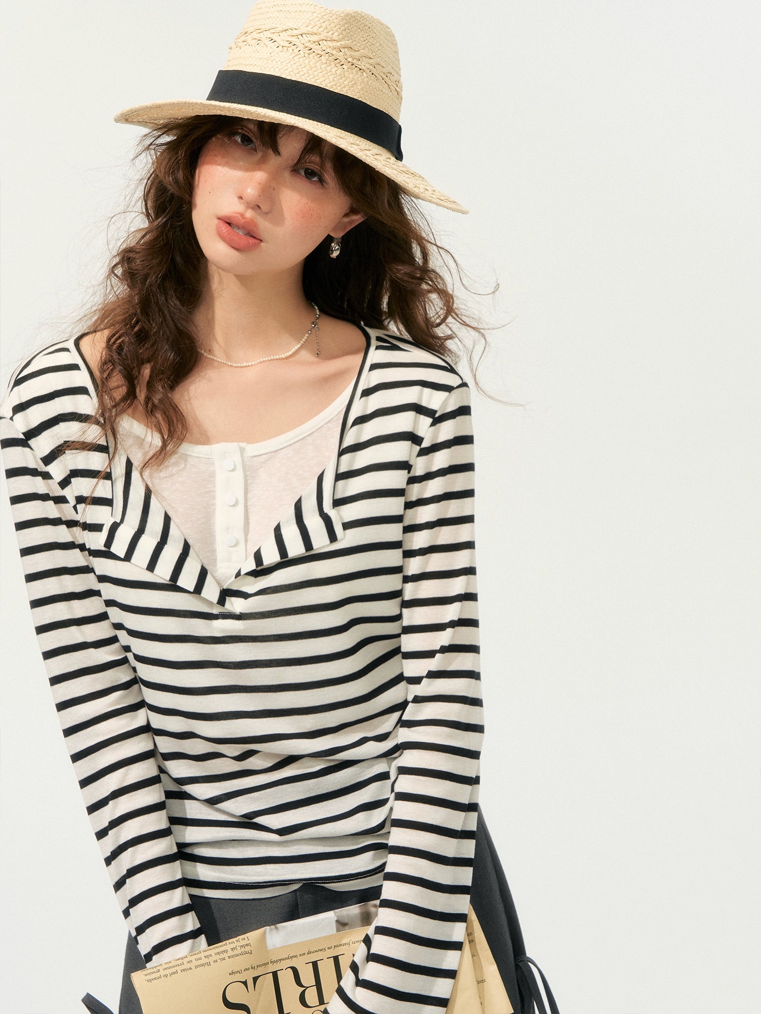 Fake Two-Piece Striped V-Neck Blouse - CHINASQUAD