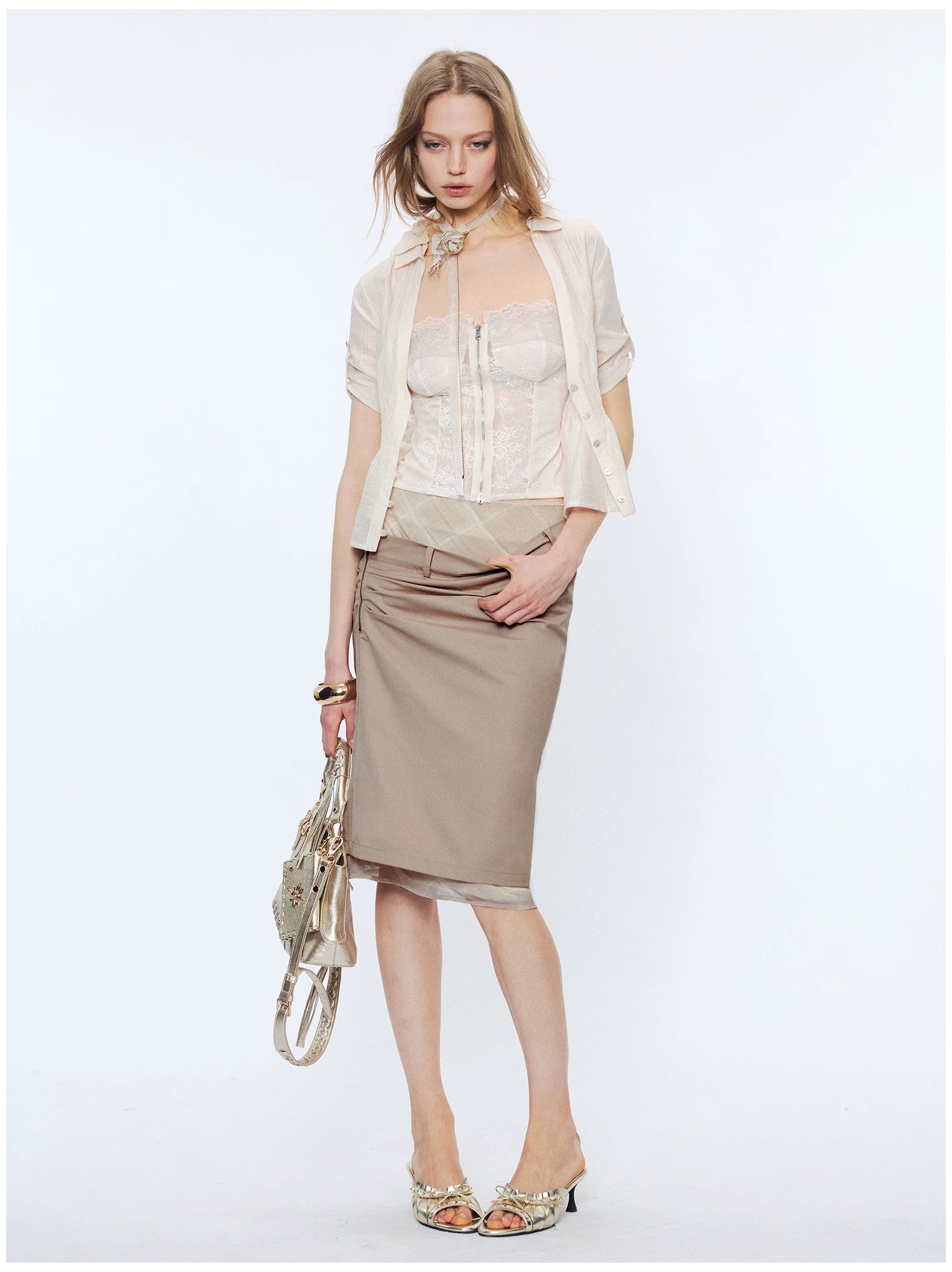 Deconstructed Check Patchwork Straight Midi Skirt