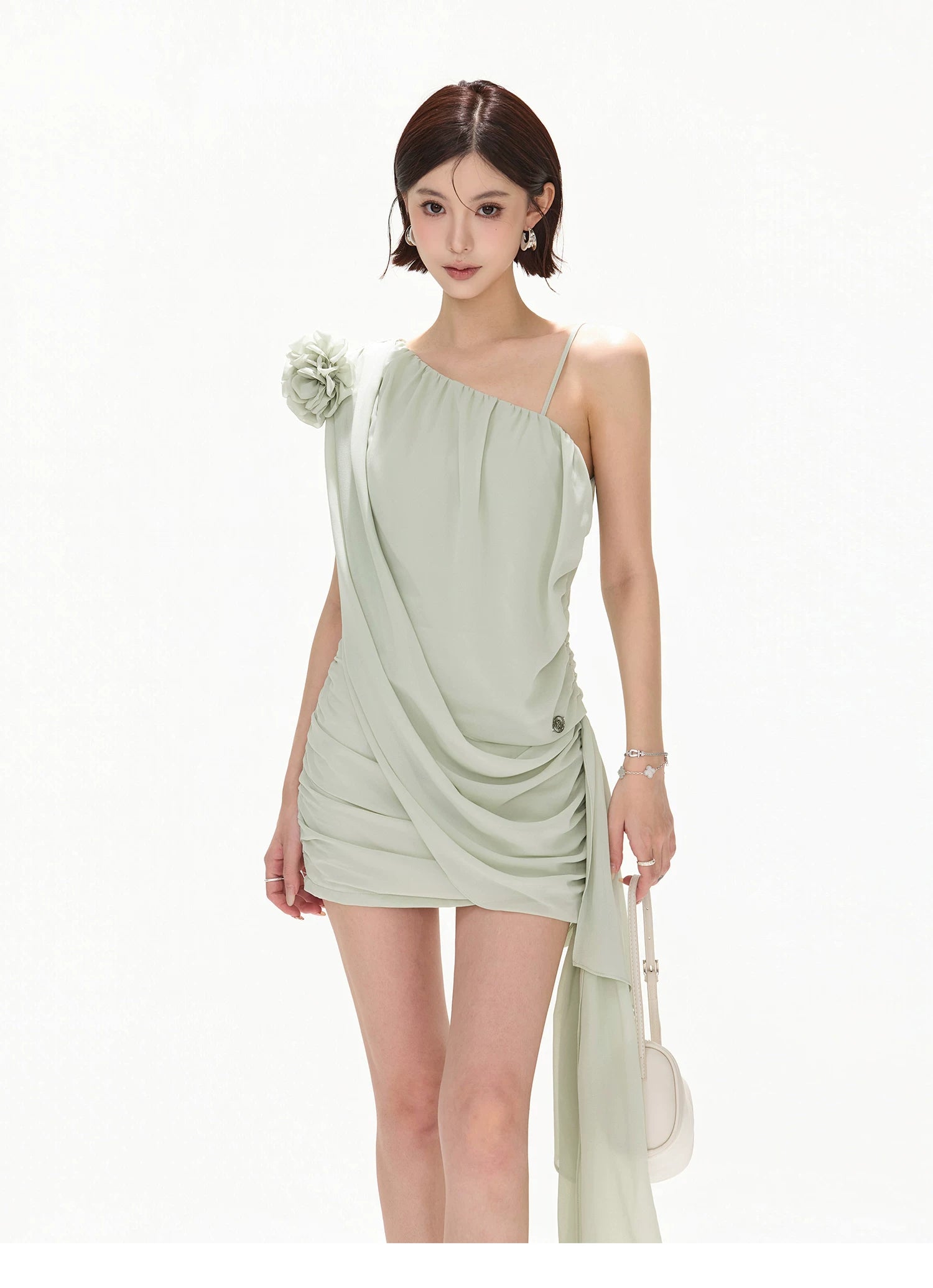 Asymmetric One-Shoulder Floral Chiffon Mini Dress with Draped Ties
