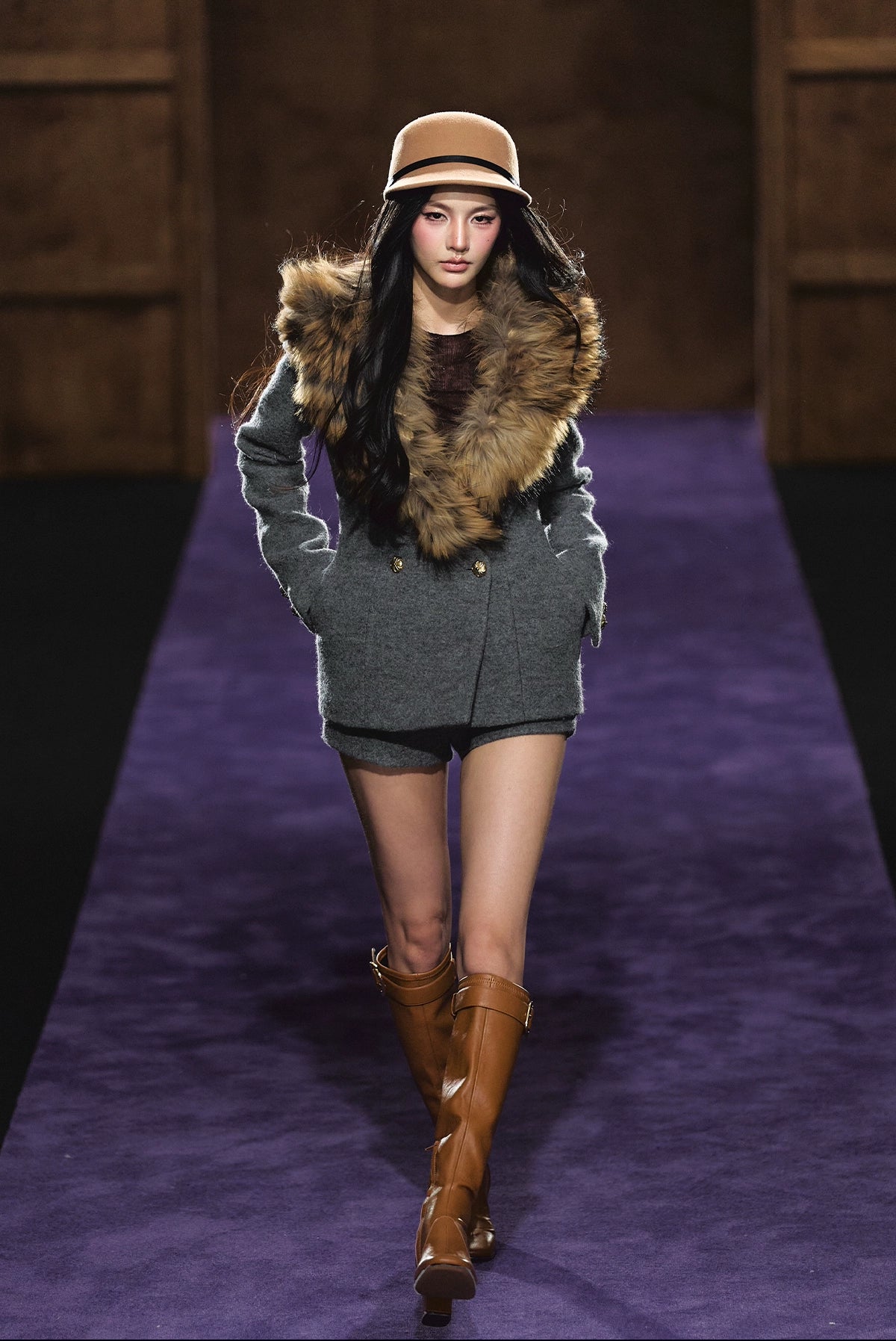 Detachable Fur Collar Wool Tailored Blazer & Shorts Set