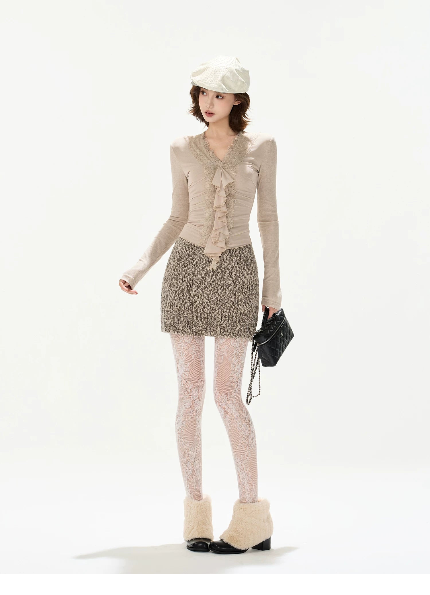 Elegant Lace Ruffle Knit V-Neck Top