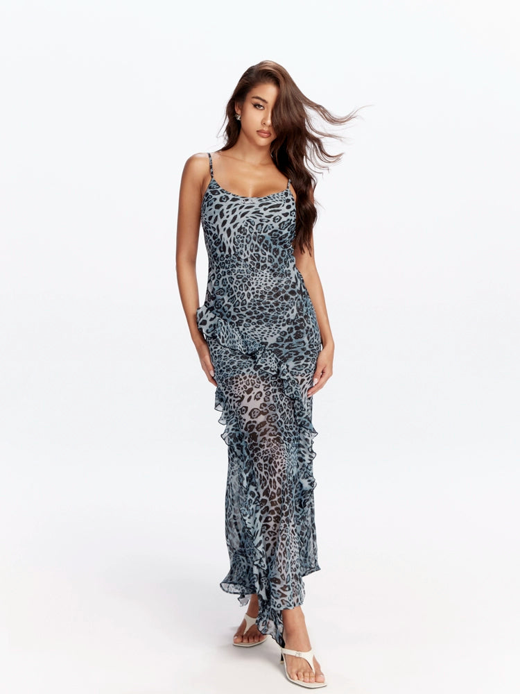 Blue Leopard Ruffle Maxi Dress