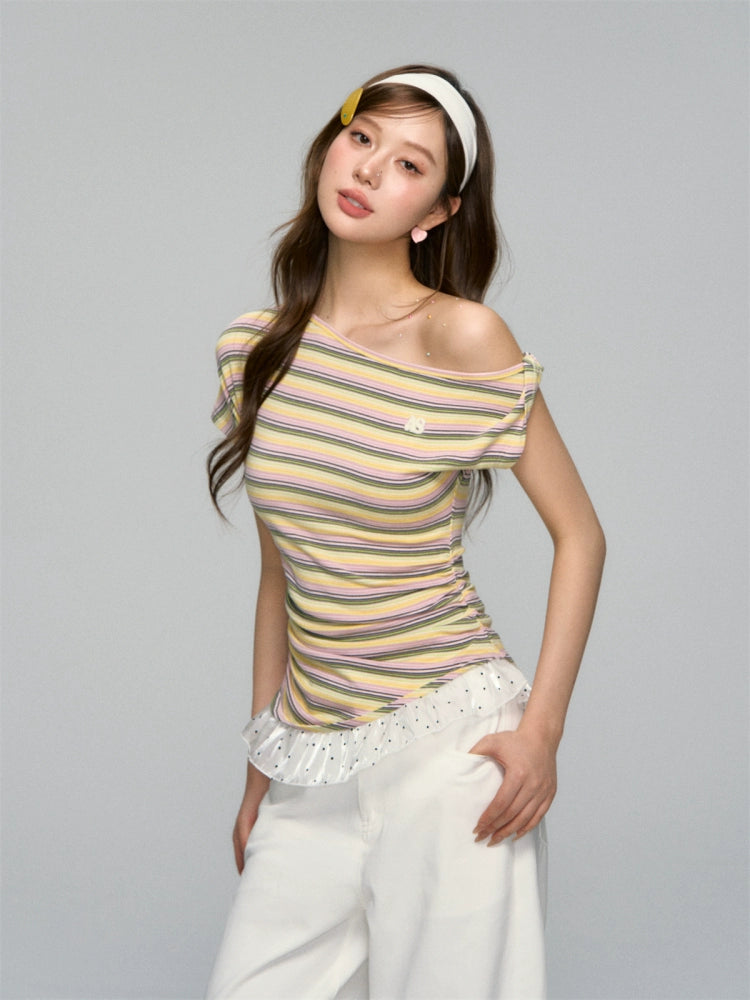 Striped Lace-Spliced Asymmetric-Shoulder T-shirt - CHINASQUAD