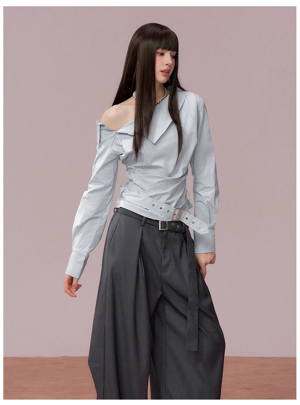 Ruched Belted Cropped Cotton Shirt
