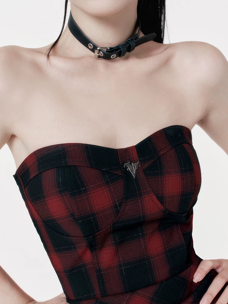 Red-Black Plaid Waist-Defining Dress