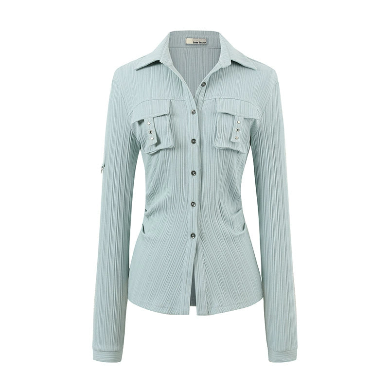 Striped Rivet 3D Pocket Fitted Shirt - CHINASQUAD