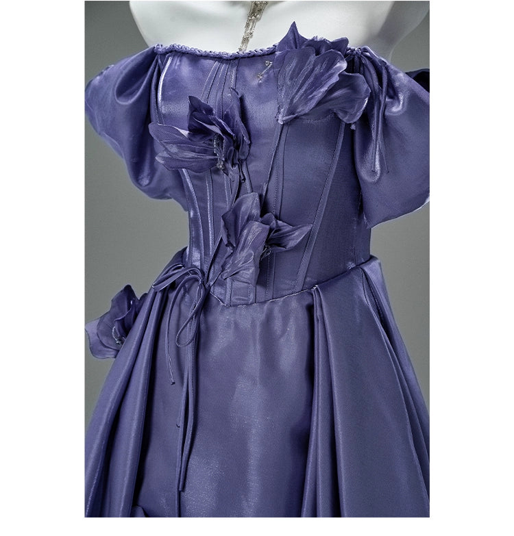 Elegant Purple Satin Floral Couture Gown