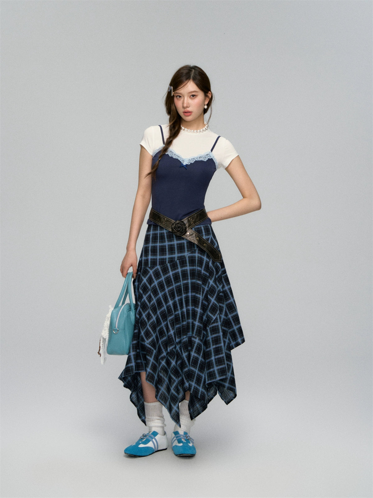 Irregular Navy Blue Checked Midi Skirt - CHINASQUAD