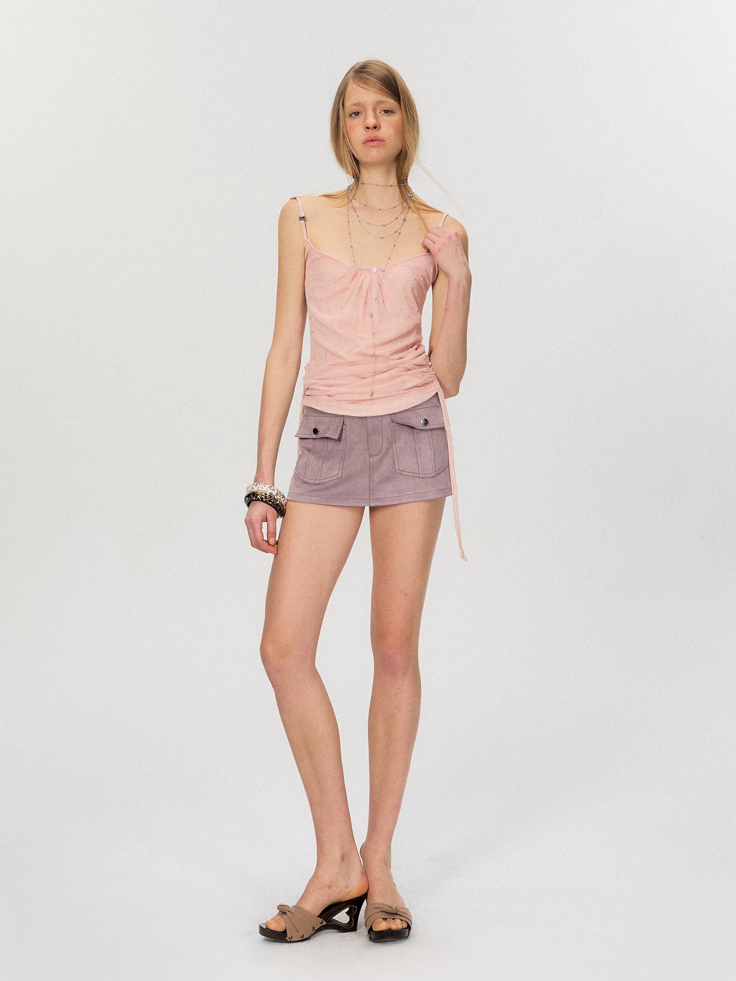 Crystal-Embellished Sheer Ruched Camisole