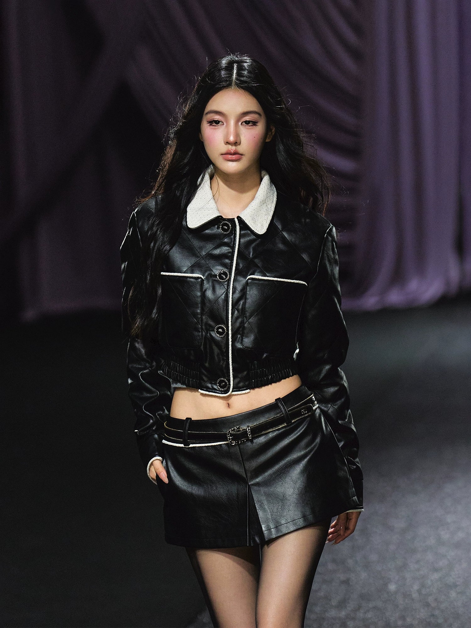 Contrast Trim Quilted Leather Jacket & Skirt Set - CHINASQUAD