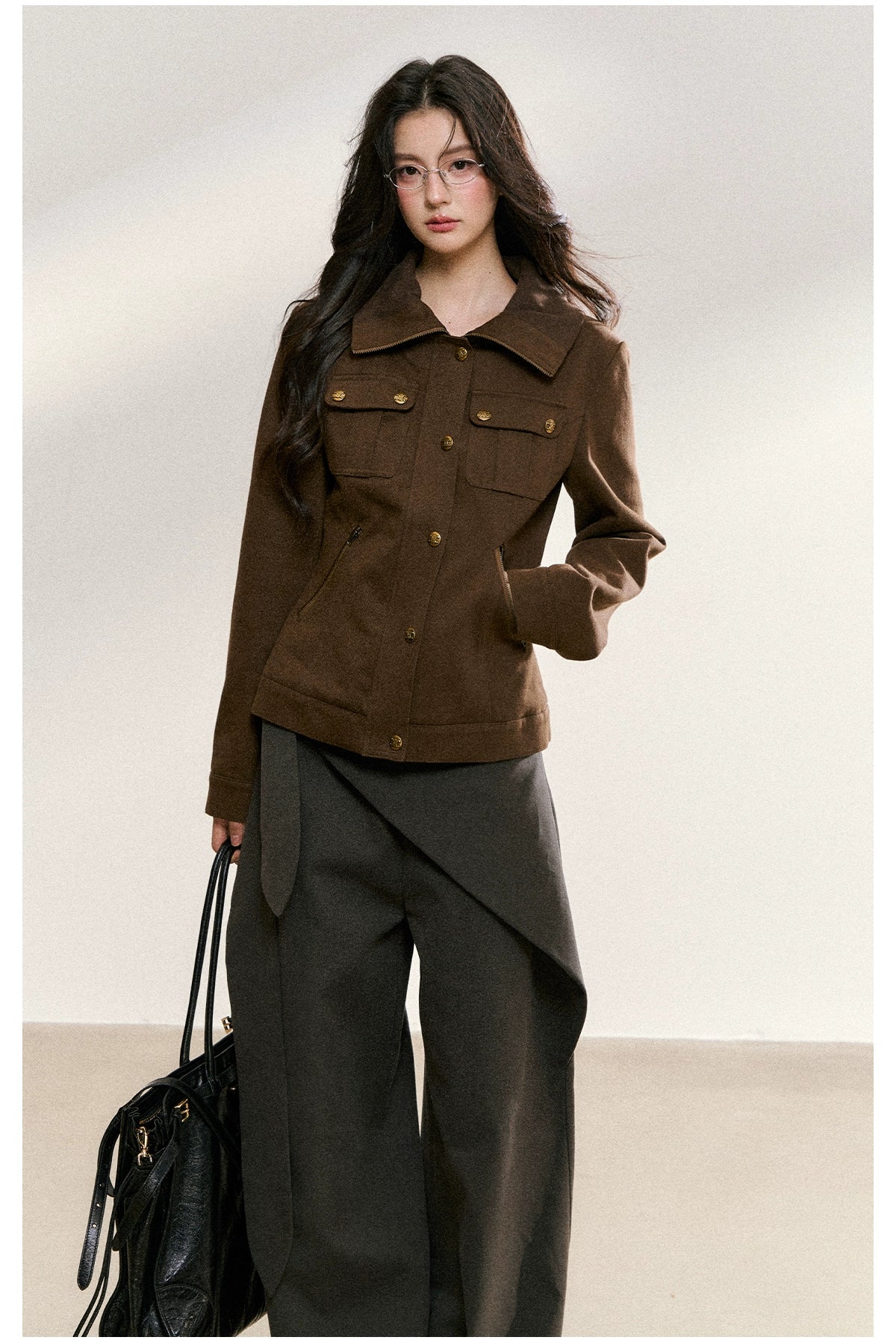 Vintage Suede Stand-Collar Fitted Jacket