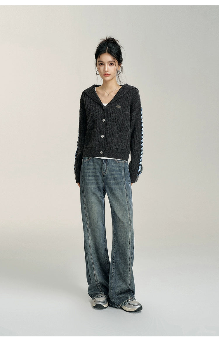 Heart-Patterned Fleece-Lined Wide-Leg Denim Pants