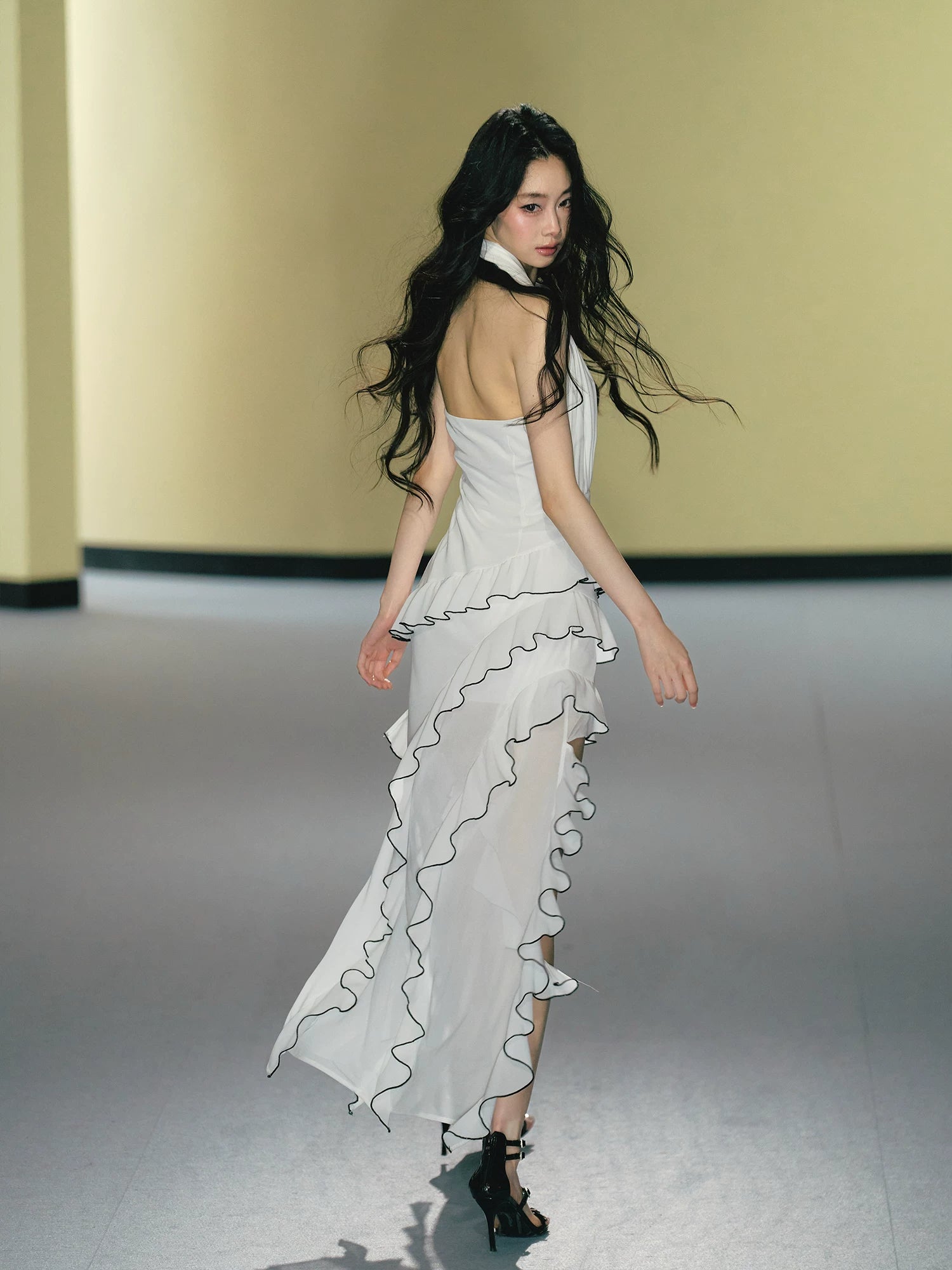 Rose Appliqué Asymmetrical Halterneck Dress