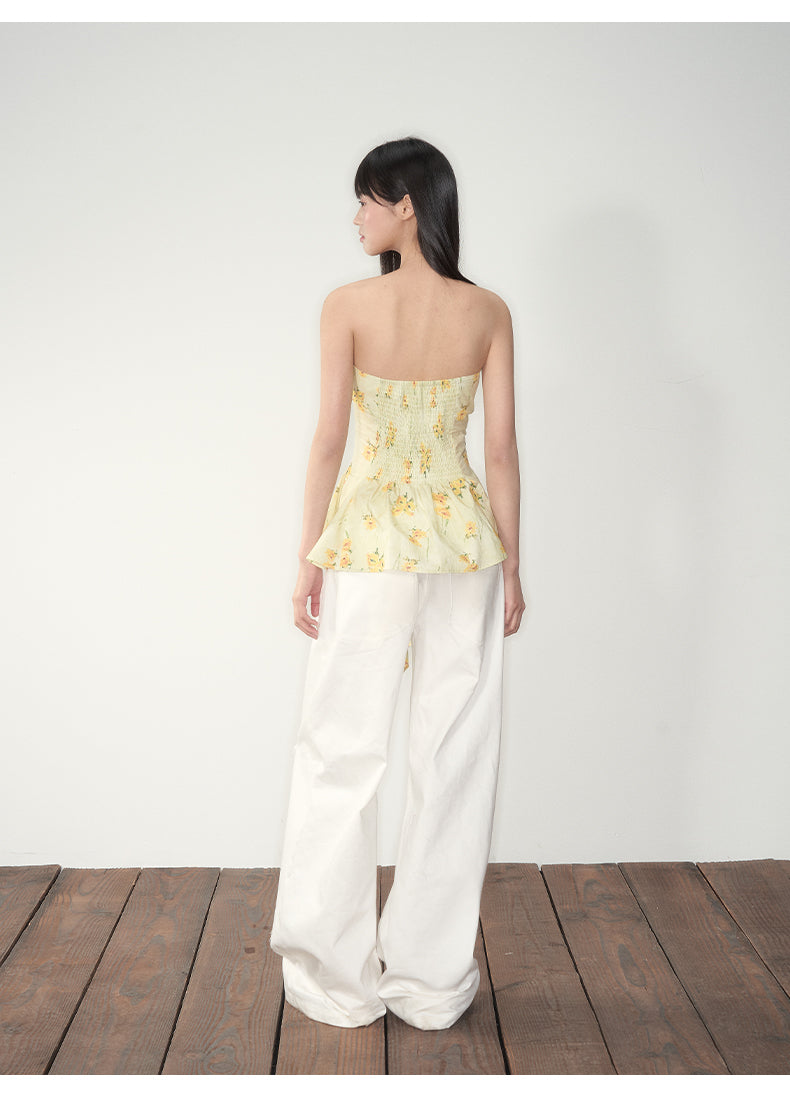 Yellow Floral Elastic Bow - adorned Strapless Top - CHINASQUAD