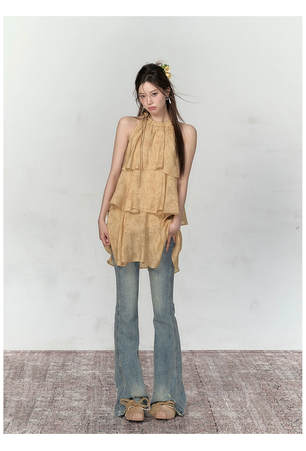 Mustard Yellow Halter Floral Dress - CHINASQUAD