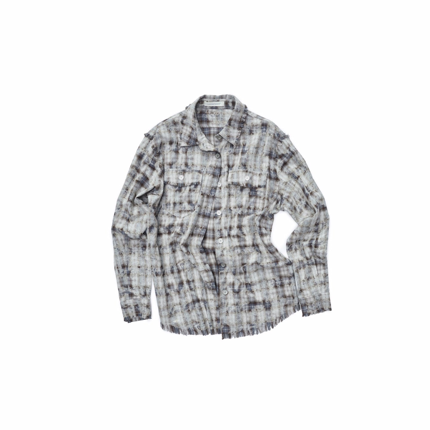 Washed Plaid Frayed-Edge Fitted Shirt