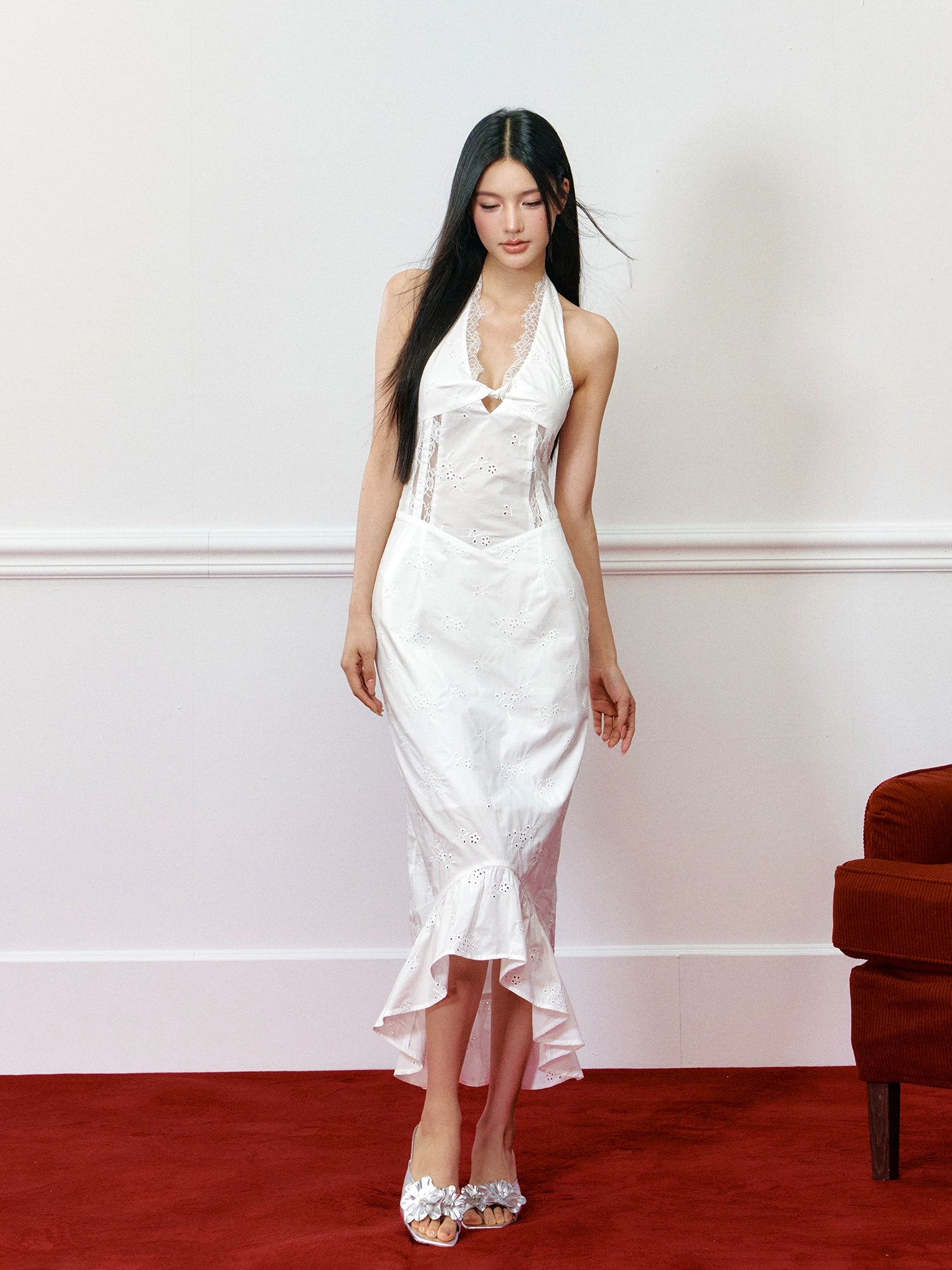 Lace Paneled Hollow Halter Mermaid Dress - CHINASQUAD