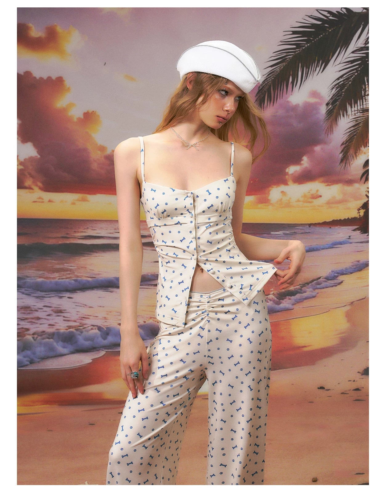 Printed Strapless Camisole Top & Straight-Leg Pants Set