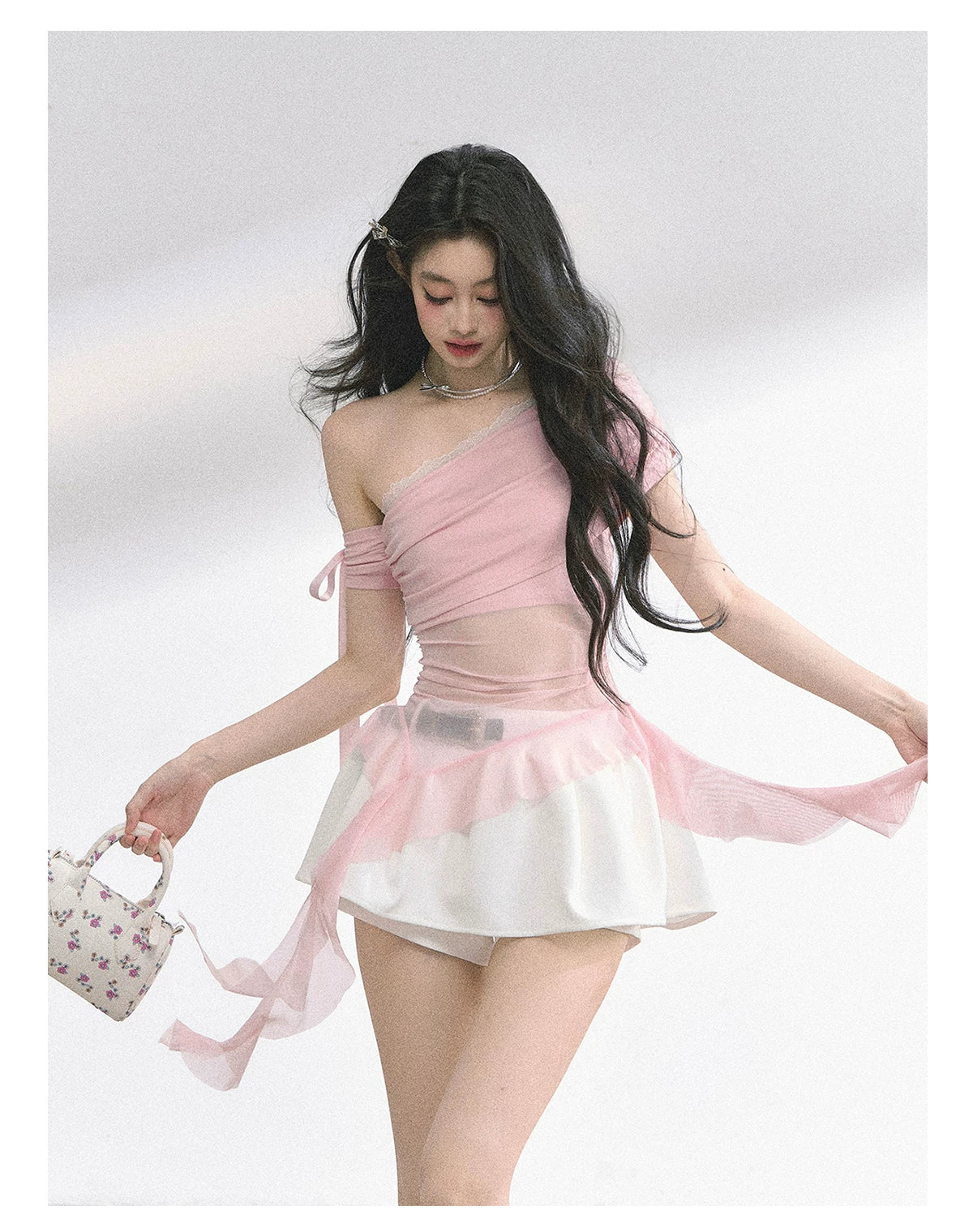 Off-Shoulder Mesh Short-Sleeve T-Shirt