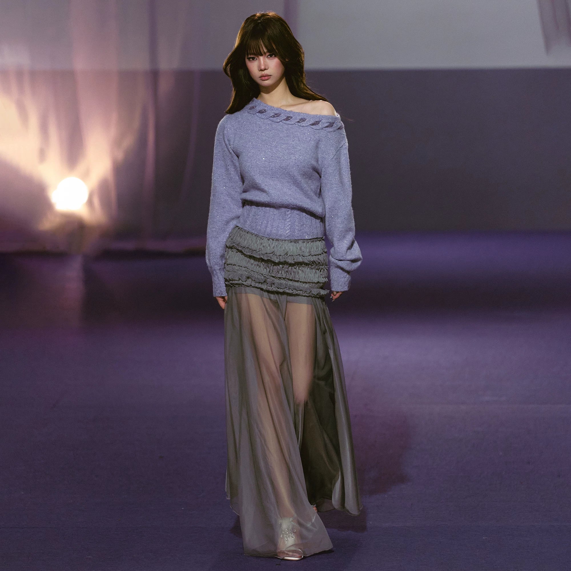 Ruched Semi-Sheer Mesh Maxi Skirt