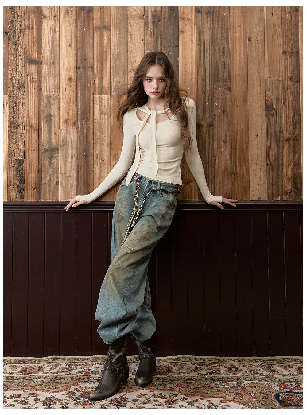 Tie-Detail U-Neck Long Sleeve Knit Blouse - CHINASQUAD