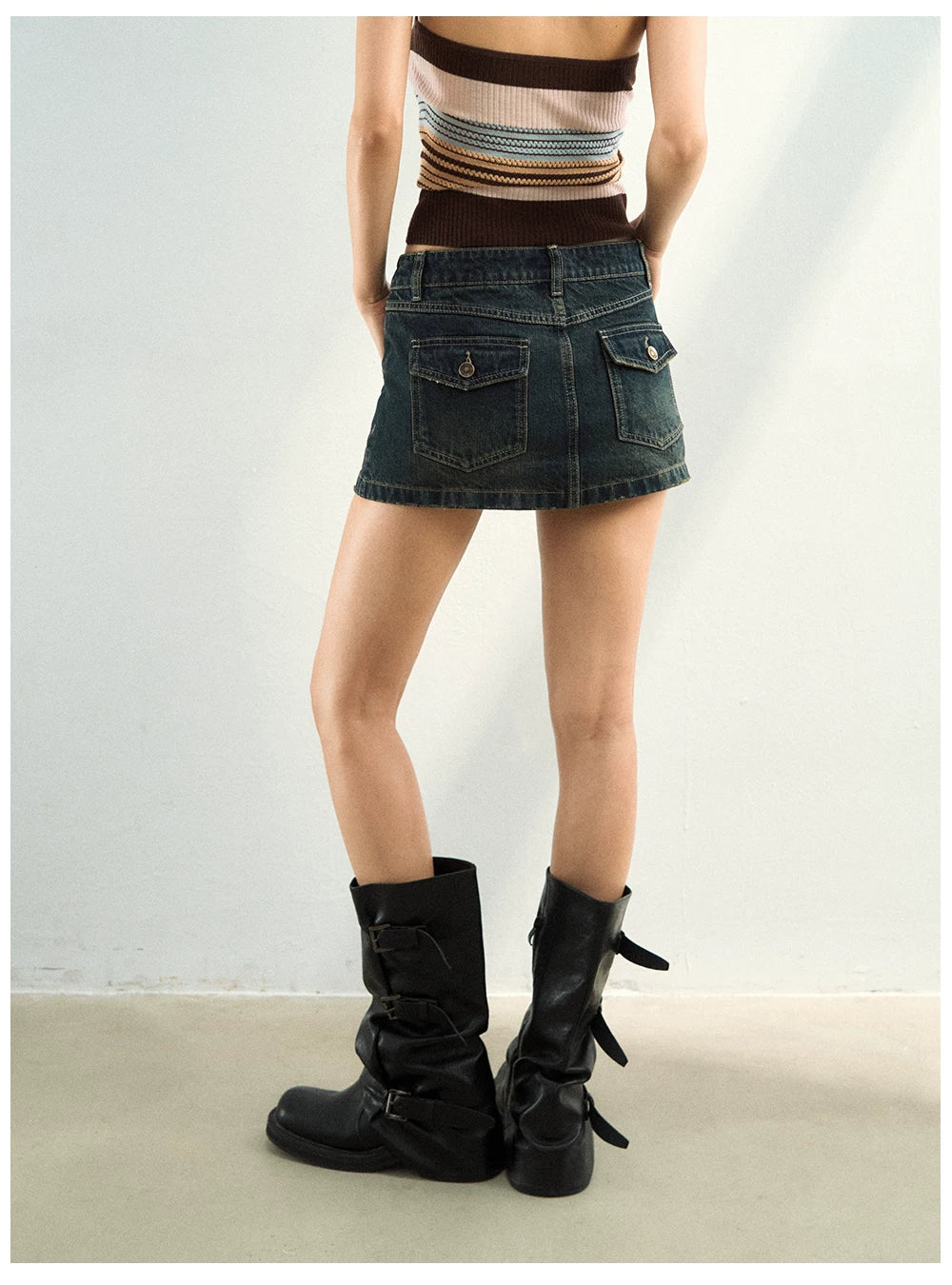 Studded Washed Denim Mini Skirt