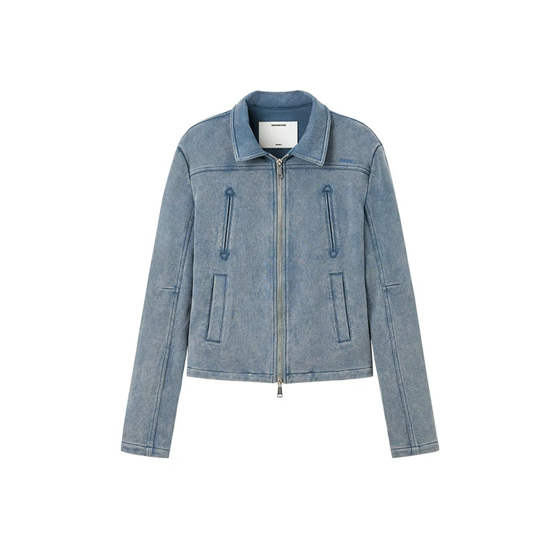 Classic Moto Collar Washed Cotton Knit Jacket