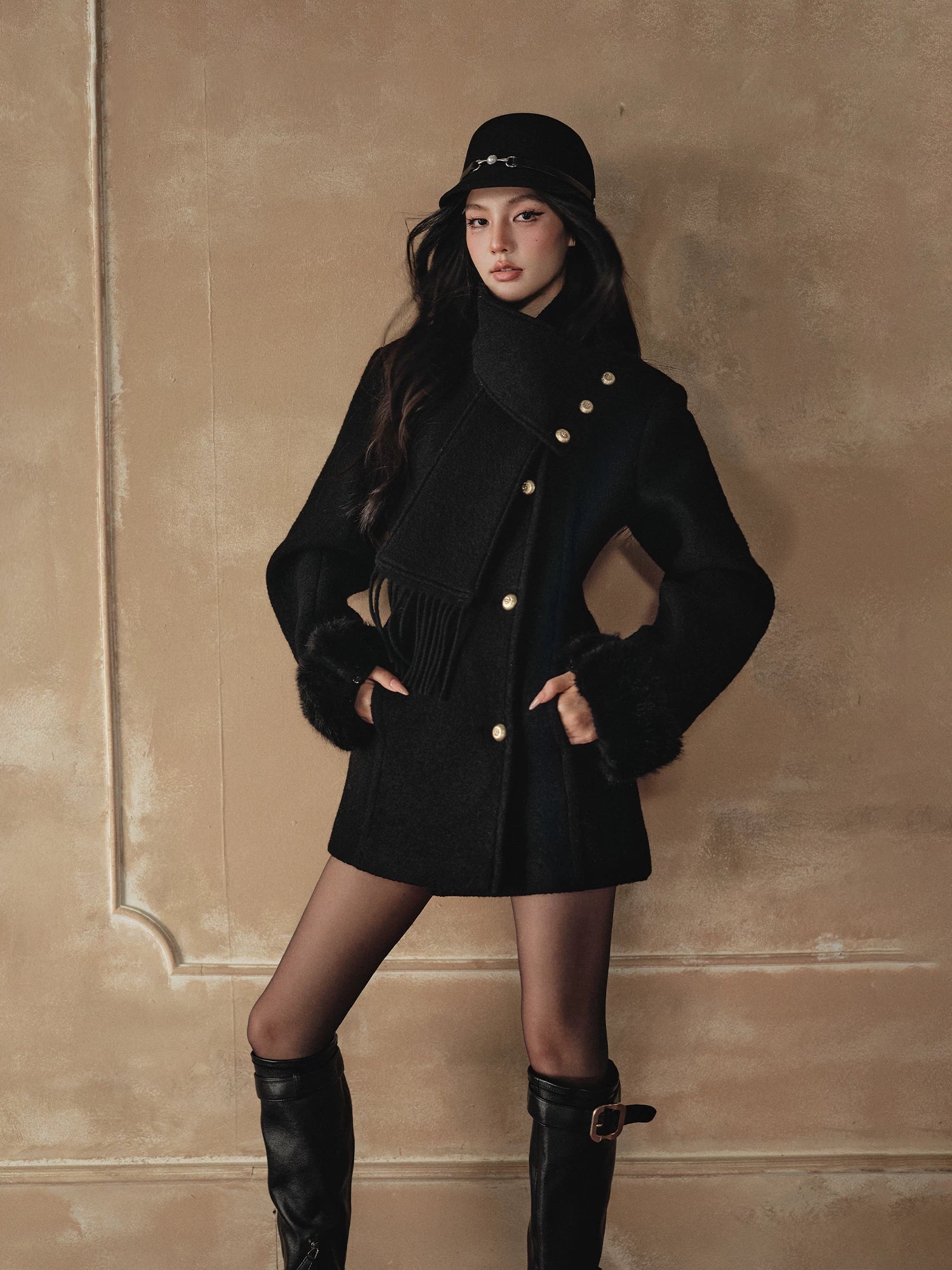 Detachable Fringe Scarf Hourglass-Waist Wool Coat