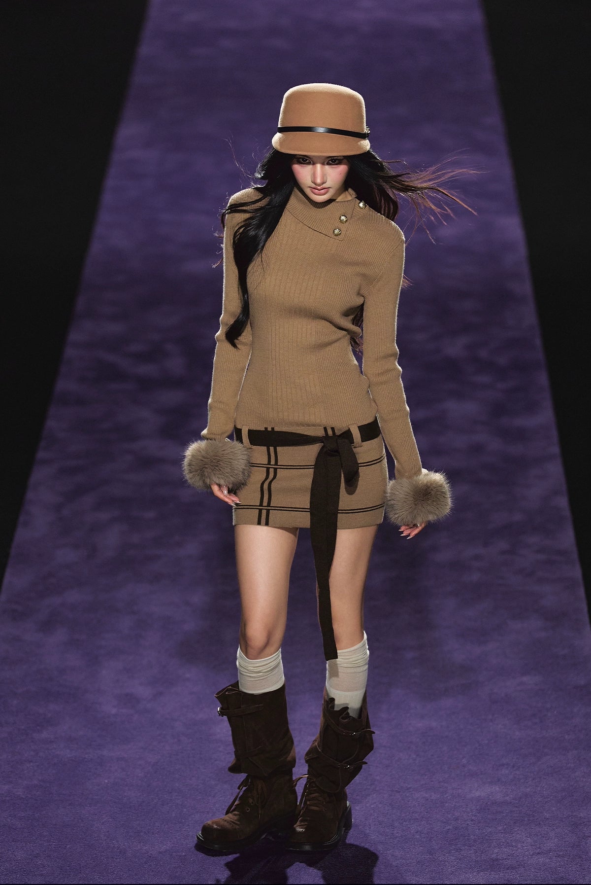 Faux Fur Cuff High-Neck Knit Dress