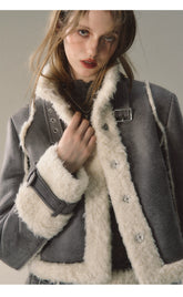 Grey Short Plush Shearling Jacket & Skirt Set - CHINASQUAD