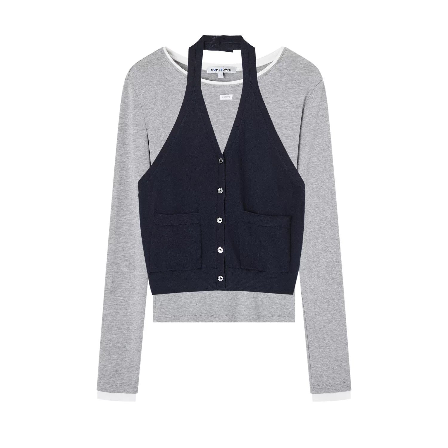 Layered Halter Tank & Long Sleeve Knit Top Set