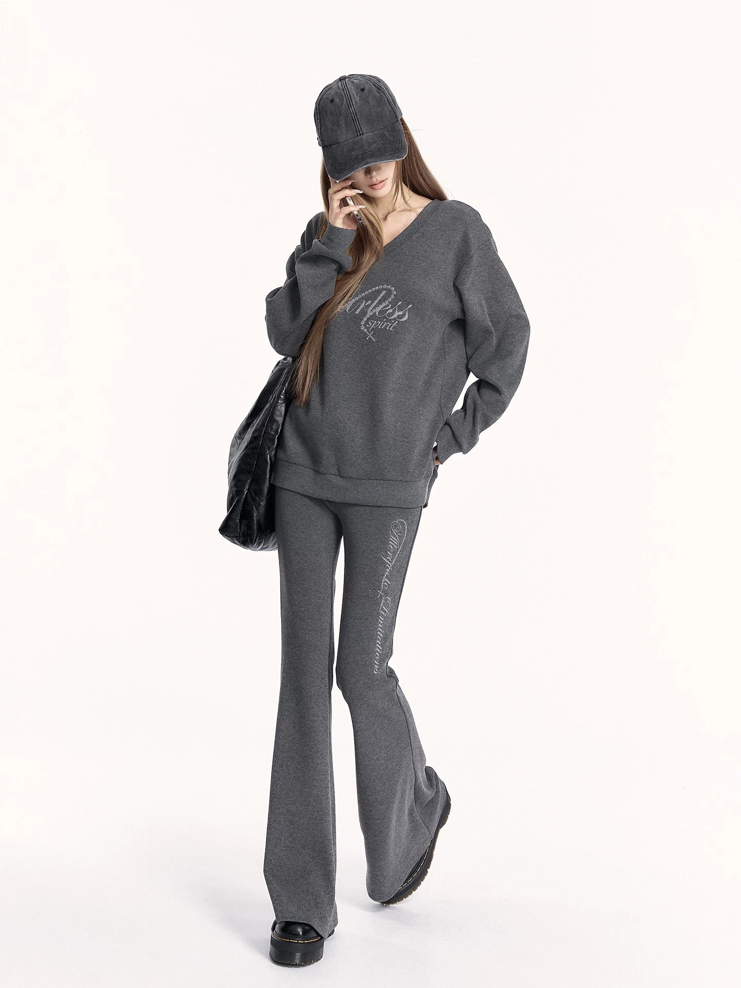 V-Neck Sweatshirt & Flared Pants Set