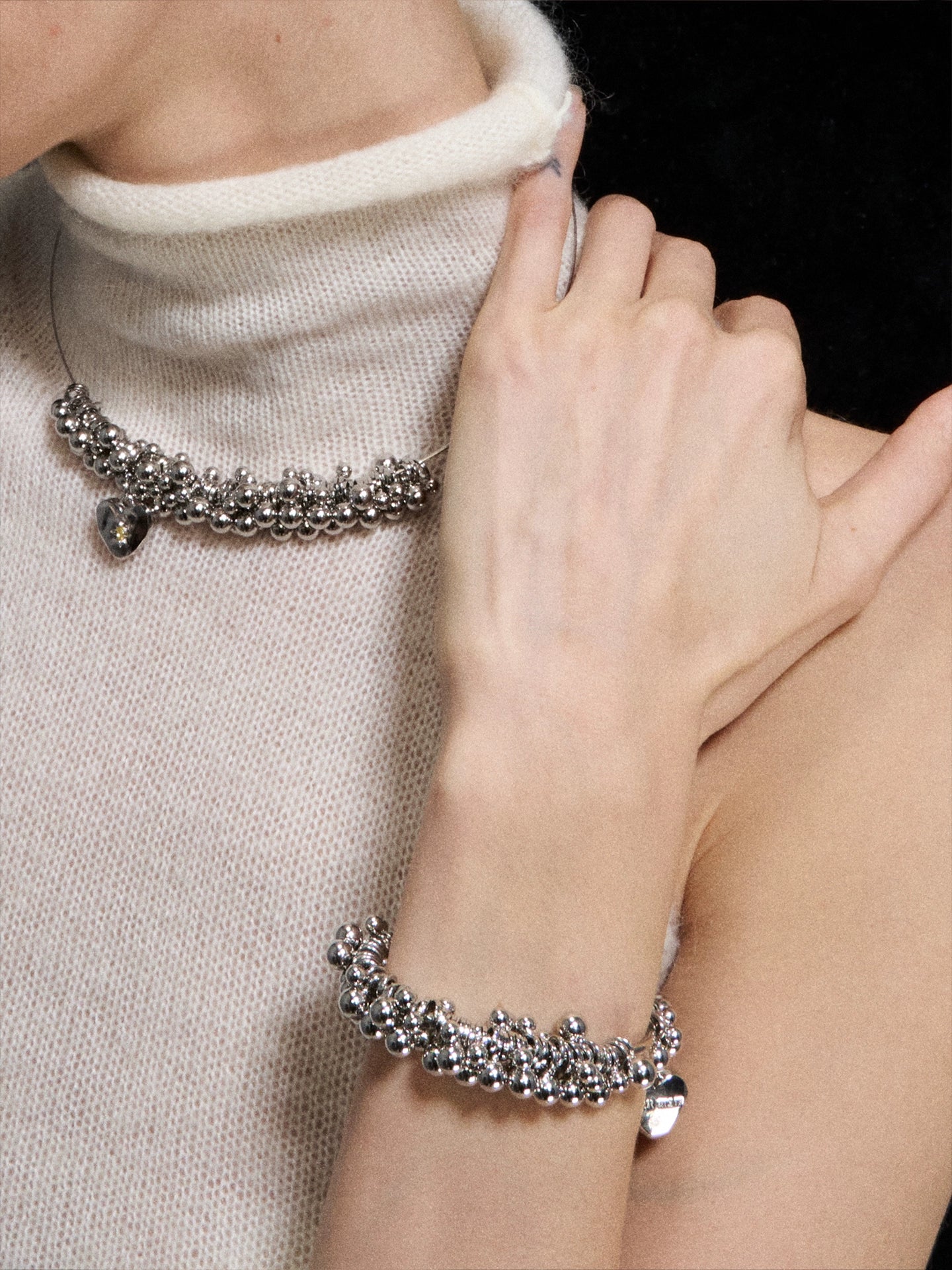 Silver-Tone Heart Charm Beaded Bracelet