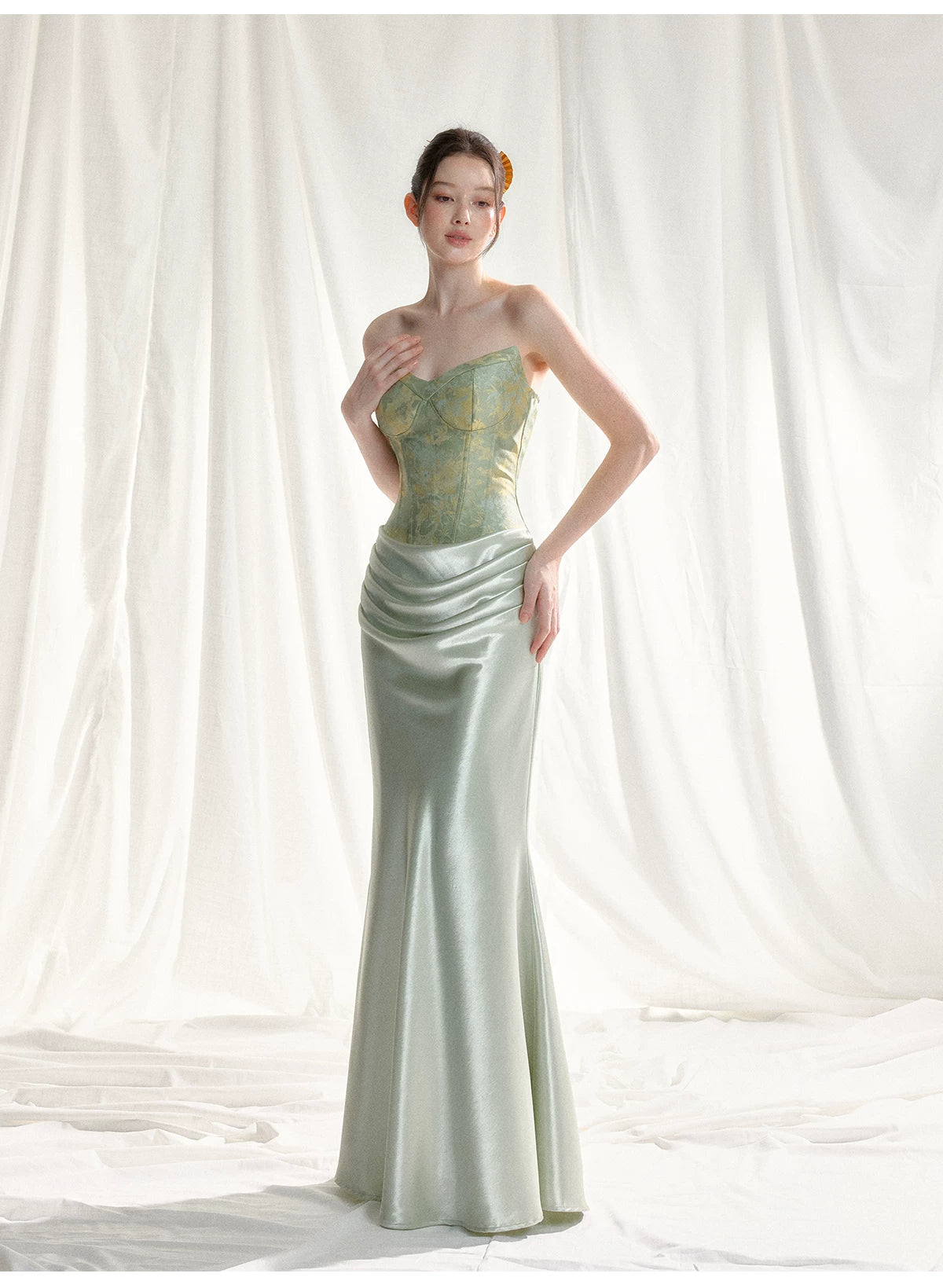 Jade Whisper Jacquard Corset Satin Evening Gown