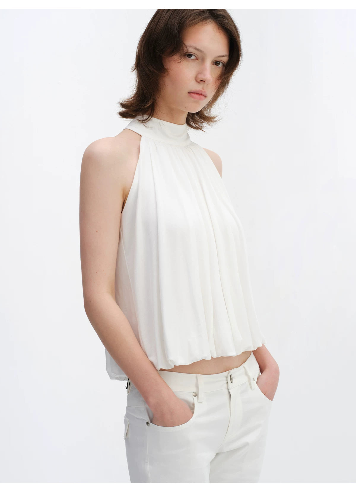 Lyocell Bubble Hem Halter Neck Blouse