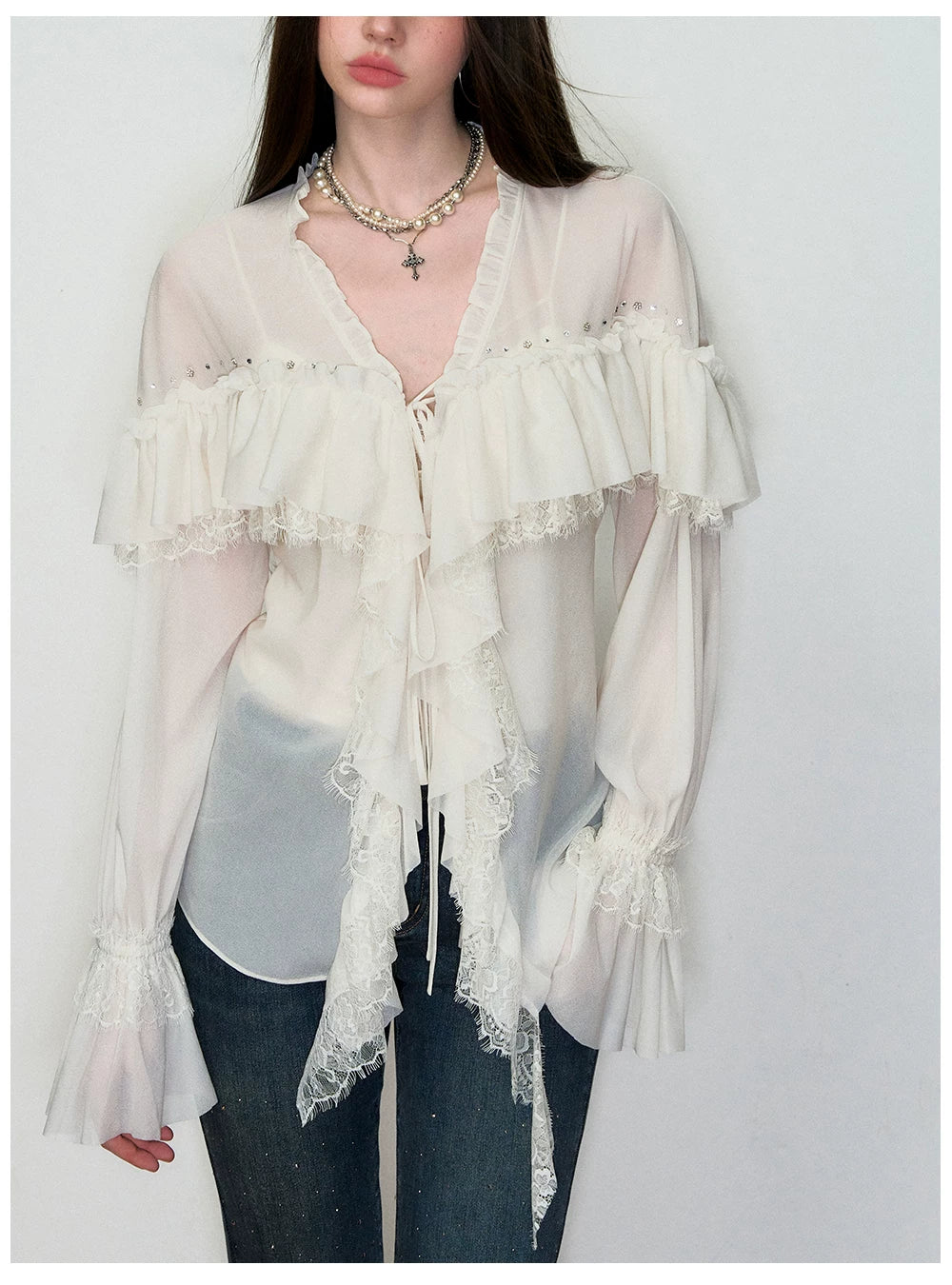 Sheer Lace-Trim Tie Blouse