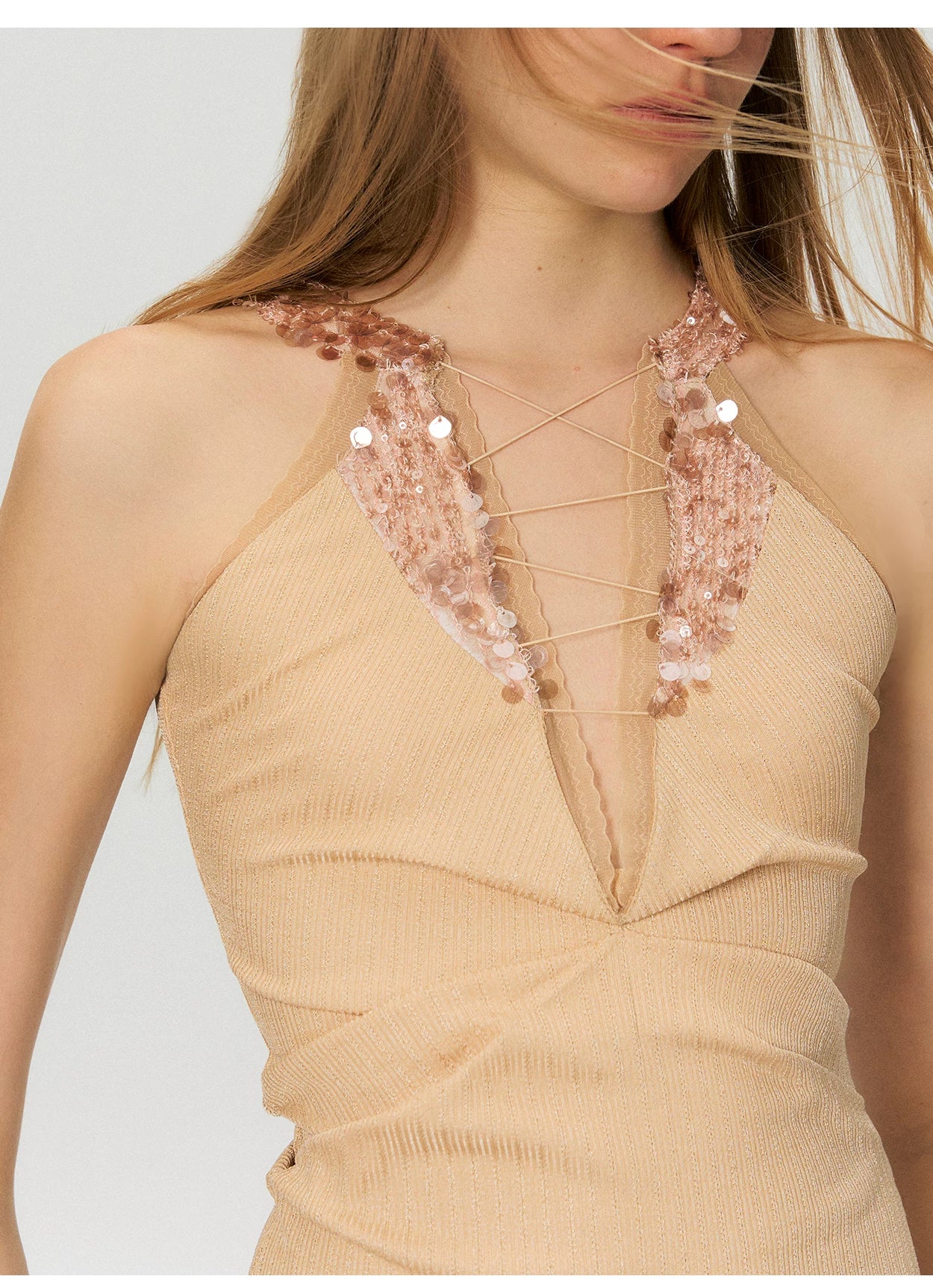 Vintage Deep V Sequin Halterneck Slim Fit Tank Top