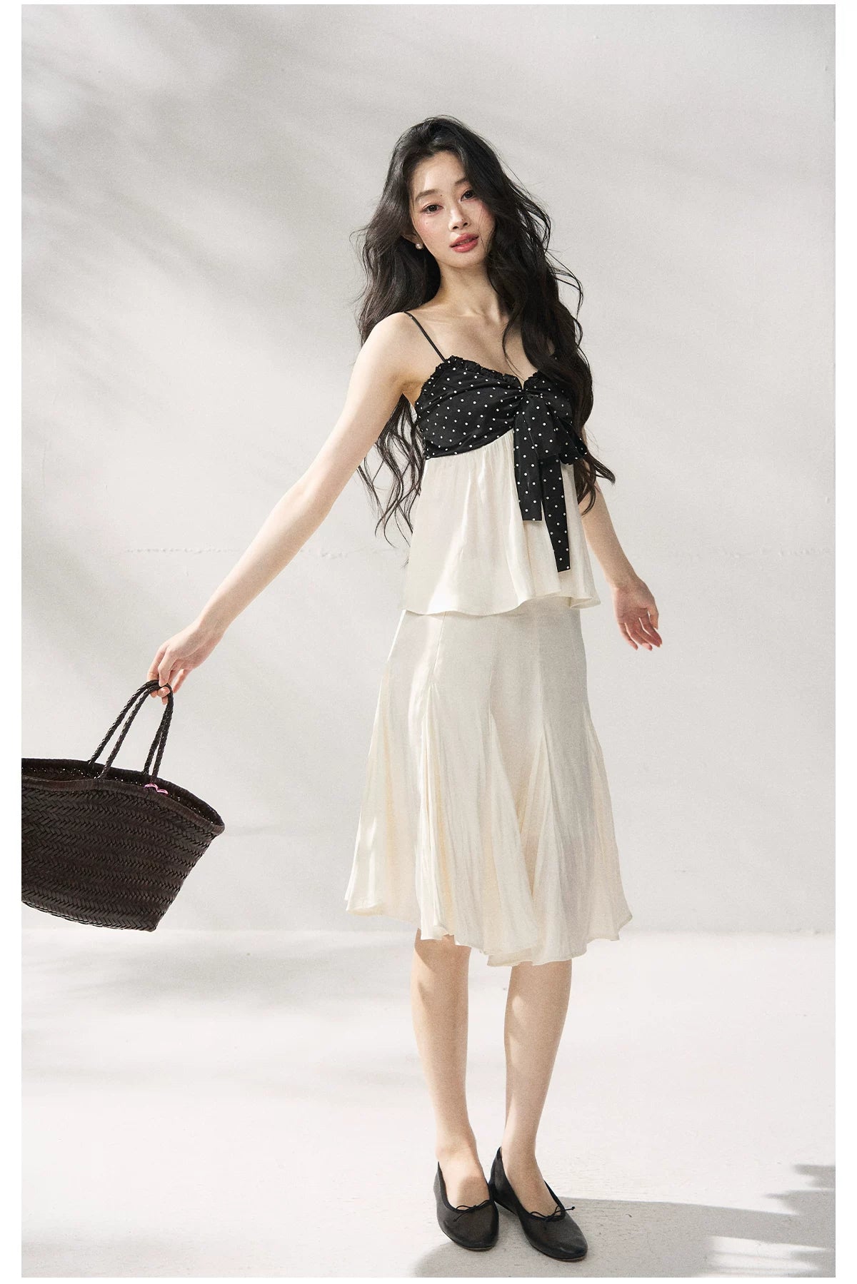 Polka Dot Camisole & Bow Detail Midi Skirt Set