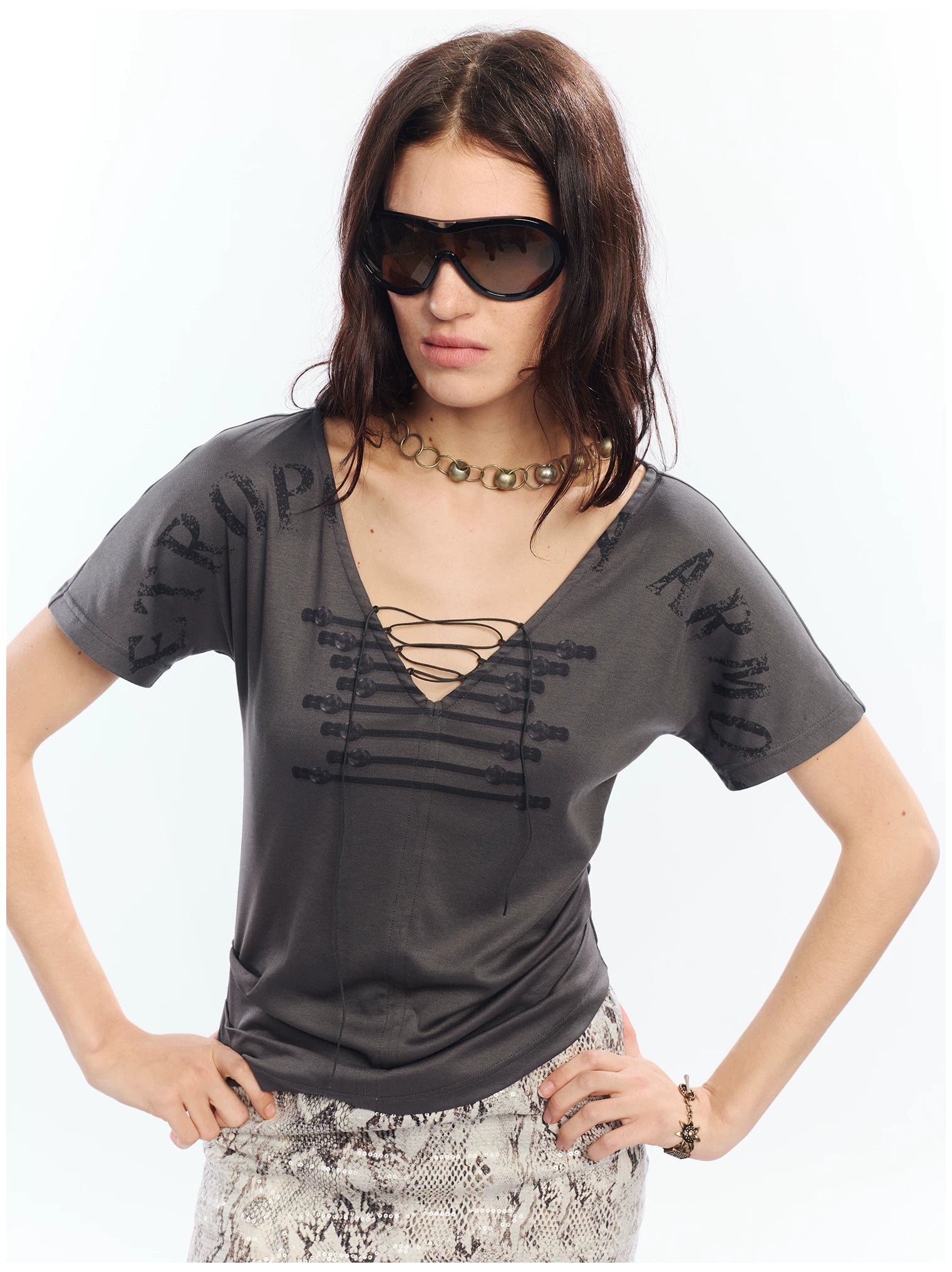 Vintage Lace-Up Graphic V-Neck Tee