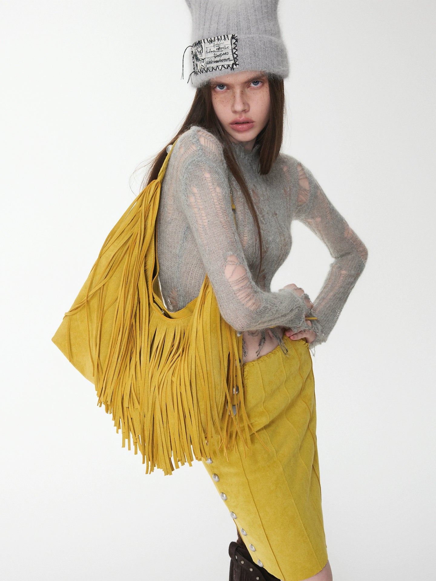 Suede Tassel Studded Shoulder Bag