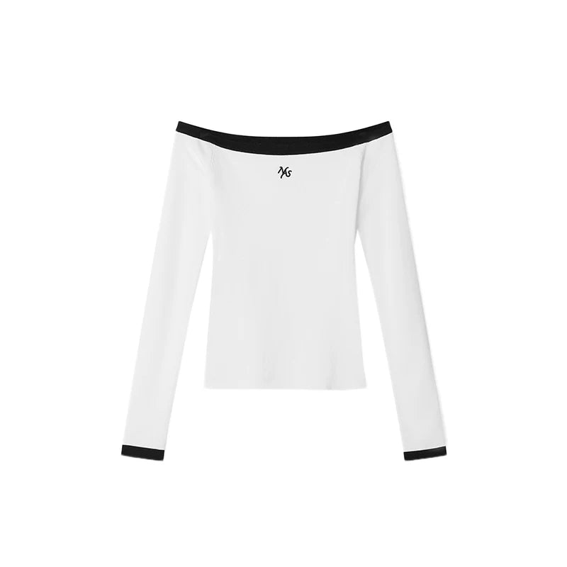 Kelly Off-Shoulder Contrast Knit Crewneck
