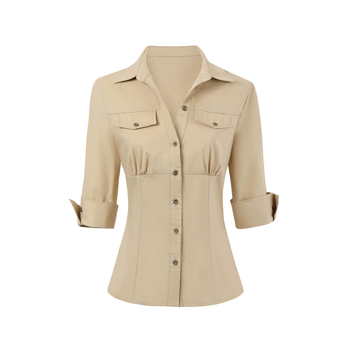 Waist-Cinched Mid-Sleeve Fitted Pocket Shirt