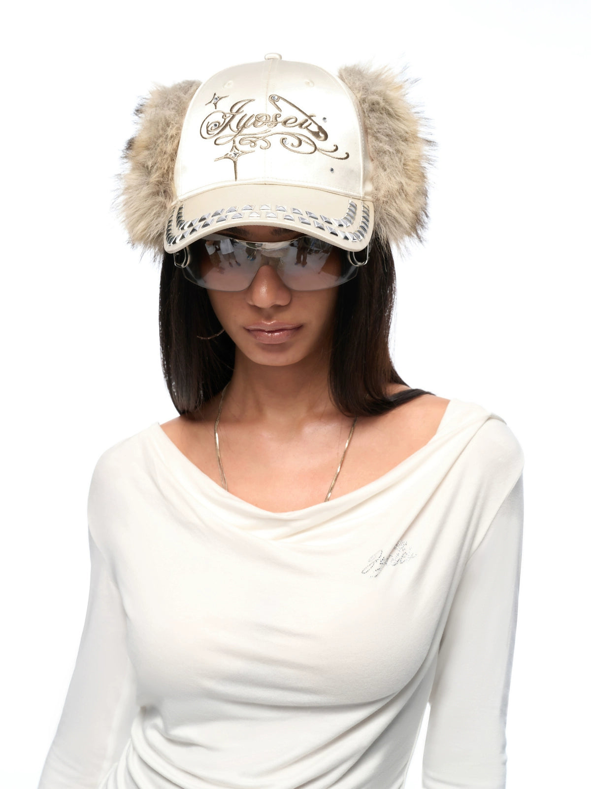 Rhinestone Ear-Flap Furry Baseball Cap