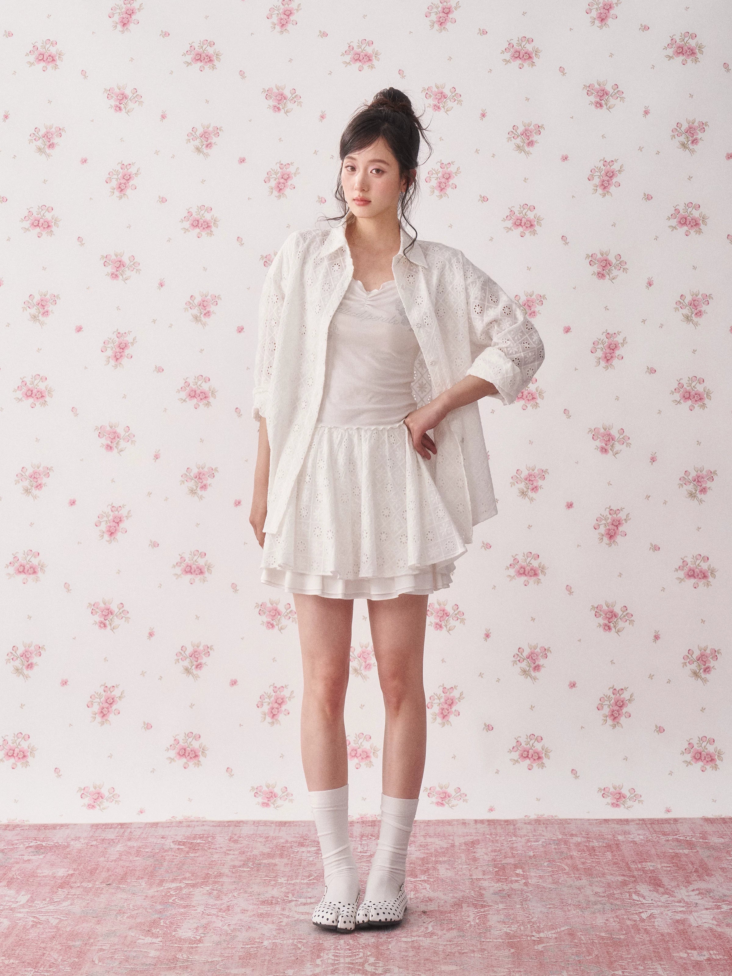 Lace Cutout Shirt & Pleated Skirt Set