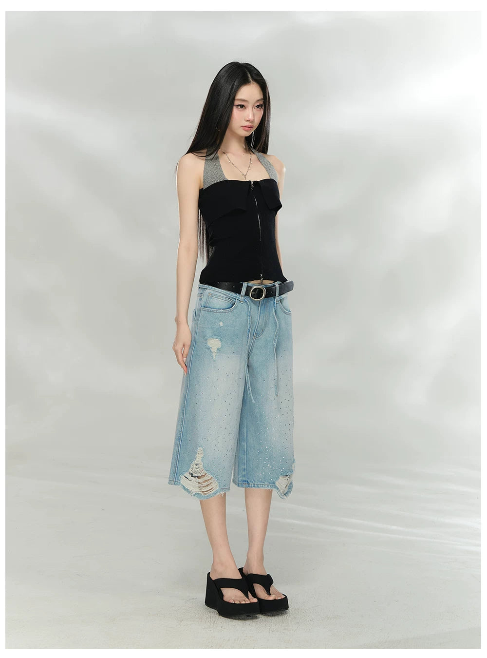 Contrast Halter Zip-Up Knit Tank Top